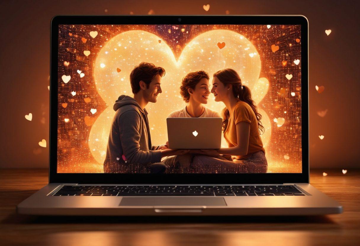 A romantic couple emerging from a glowing laptop screen, symbolizing the transition from online friendship to real-world connection. Surround them with floating hearts made of pixels, and intertwine digital elements like chat bubbles and videos. The setting should be a cozy coffee shop with warm lighting, blending the virtual and real worlds seamlessly. Artistic layers add depth and emotional warmth to the scene. super-realistic. warm colors. 3D.