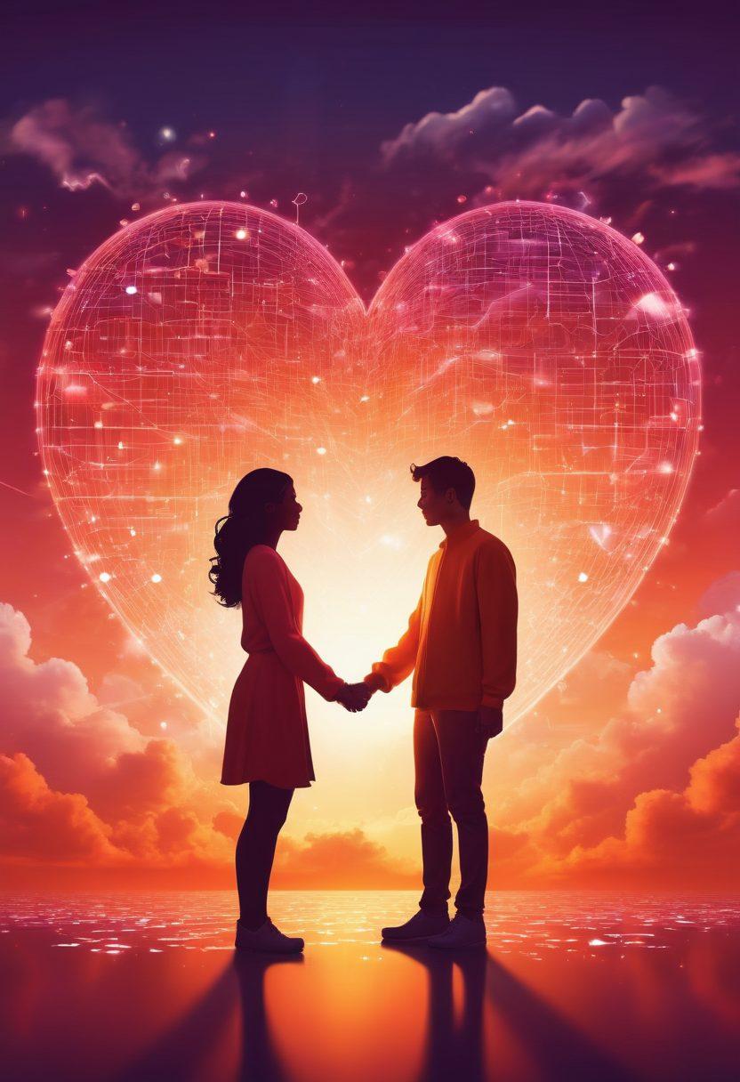 A vibrant illustration of a digital landscape where two connected hearts float among swirling data streams and pixelated clouds. Diverse individuals are depicted engaging with technology while expressing emotions of love and attachment through glowing devices. A warm color palette enhances the feeling of connection and intimacy, symbolizing relationships in the digital realm. Details of social media icons and network nodes are subtly integrated. vector art. vibrant colors.